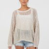Women Vintage Havana Sweaters | Heather Oatmeal Open Knit Crewneck Sweater
