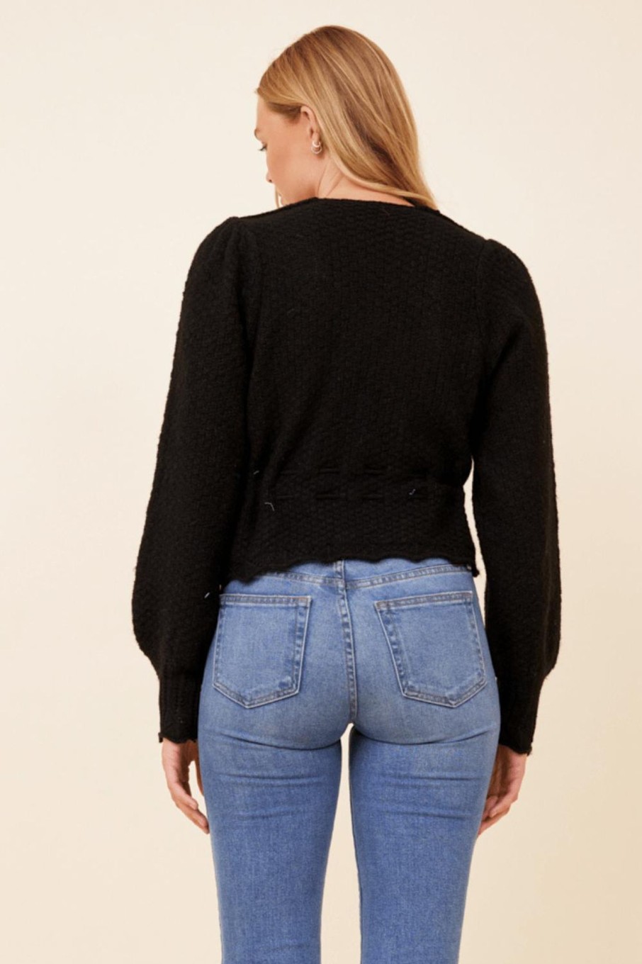 Women Vintage Havana Sweaters | Black Lace-Up Balloon Sleeve Sweater