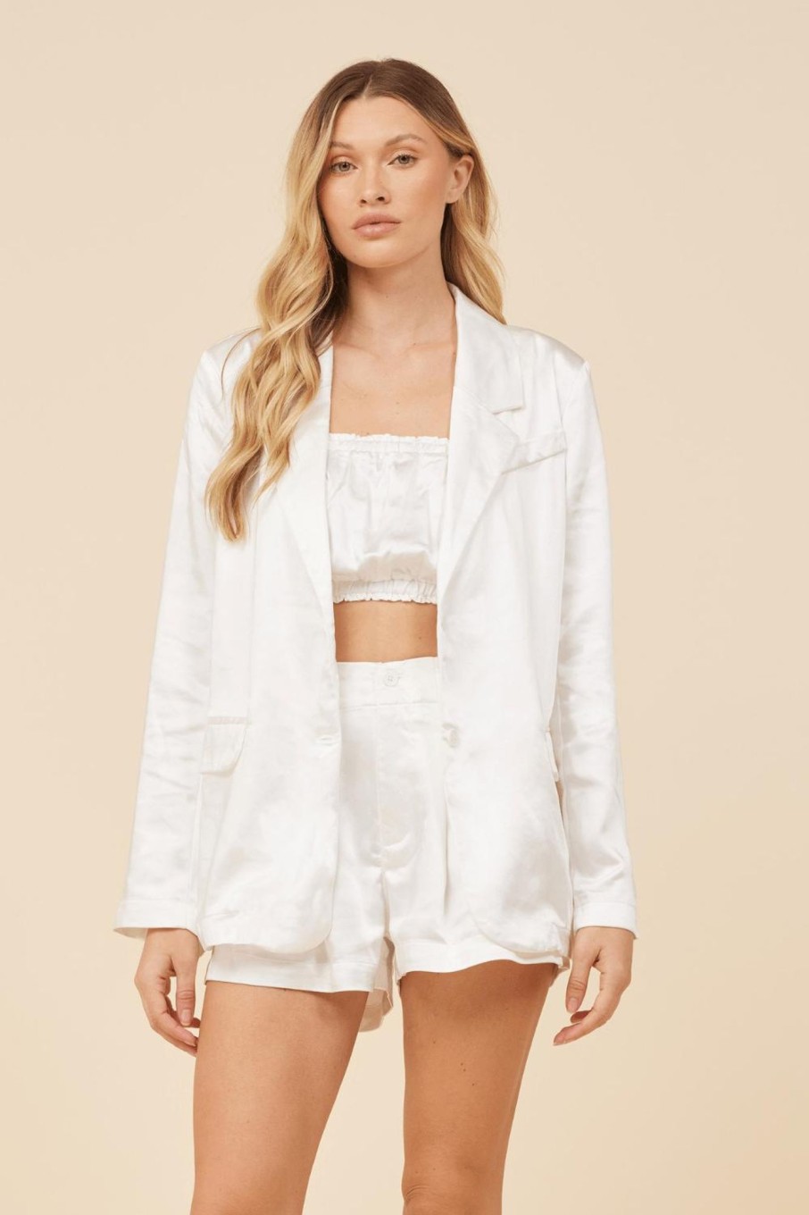 Women Vintage Havana Shorts | Ivory Heavy Satin Blazer