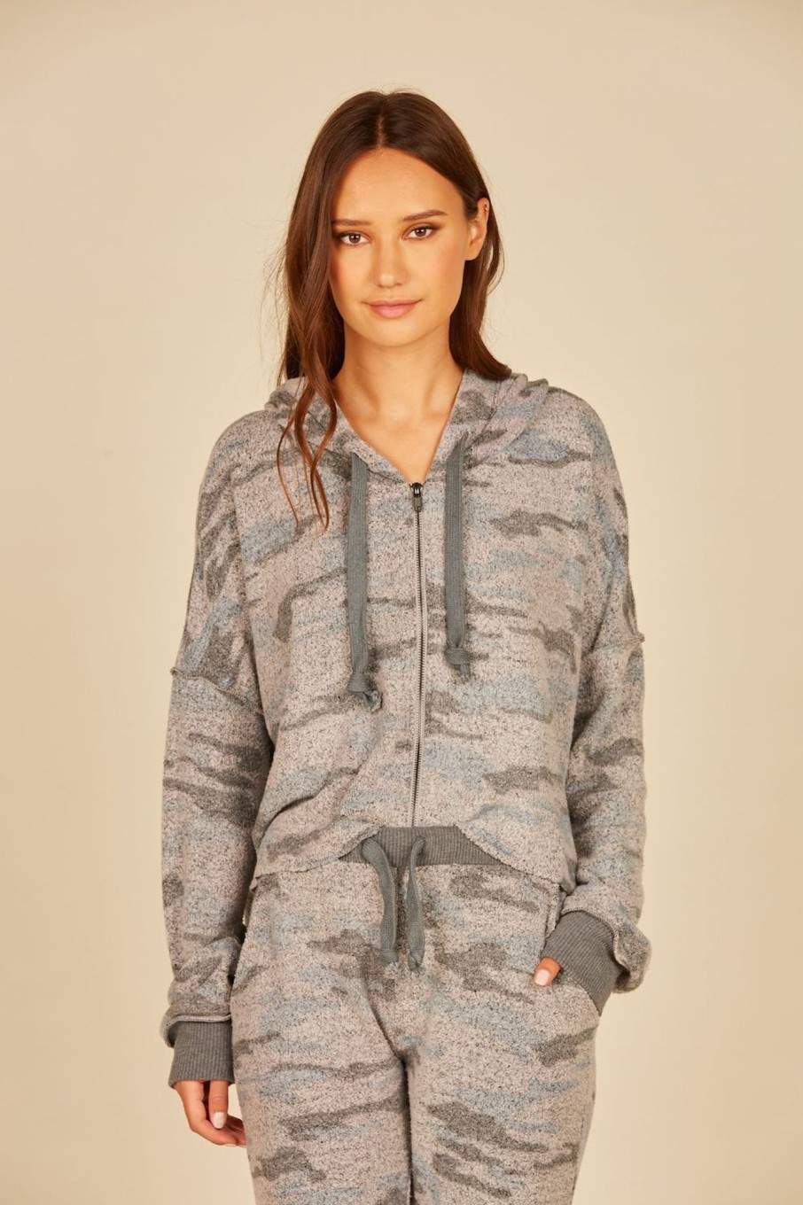 Women Vintage Havana Sweatshirts | Grey Camo Print Cozy Fleece Hoodie